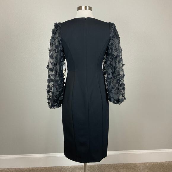 Eliza J Black Long Sleeve Cocktail Dress Size 6 Black 3D Floral Midi Sheath - Picture 6 of 14